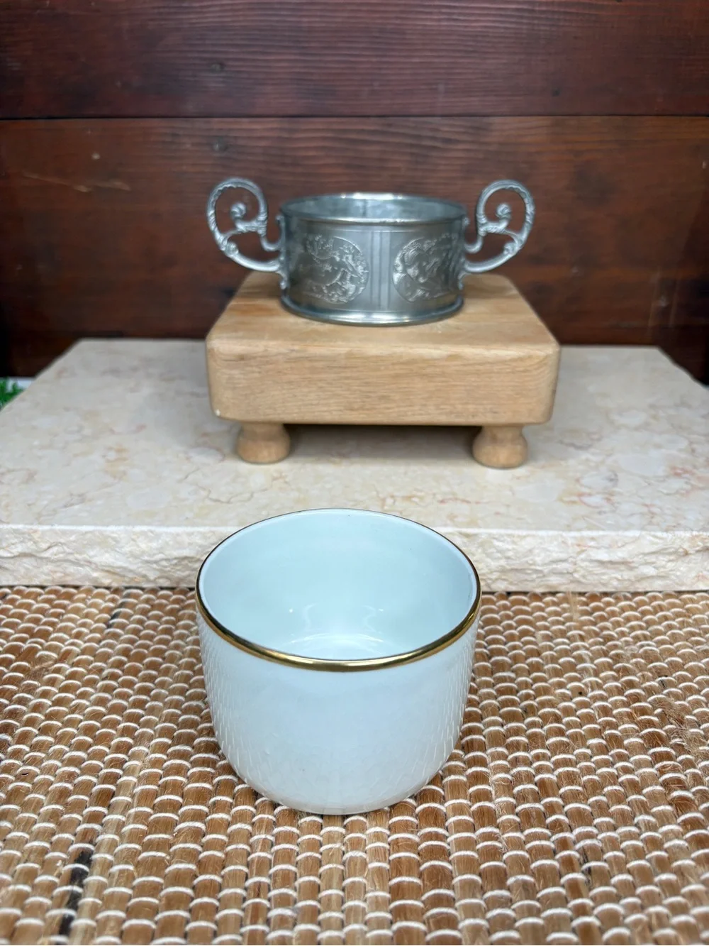 Vintage Fine Pewter Double Handle Sugar Bowl with Porcelain Insert Czech German